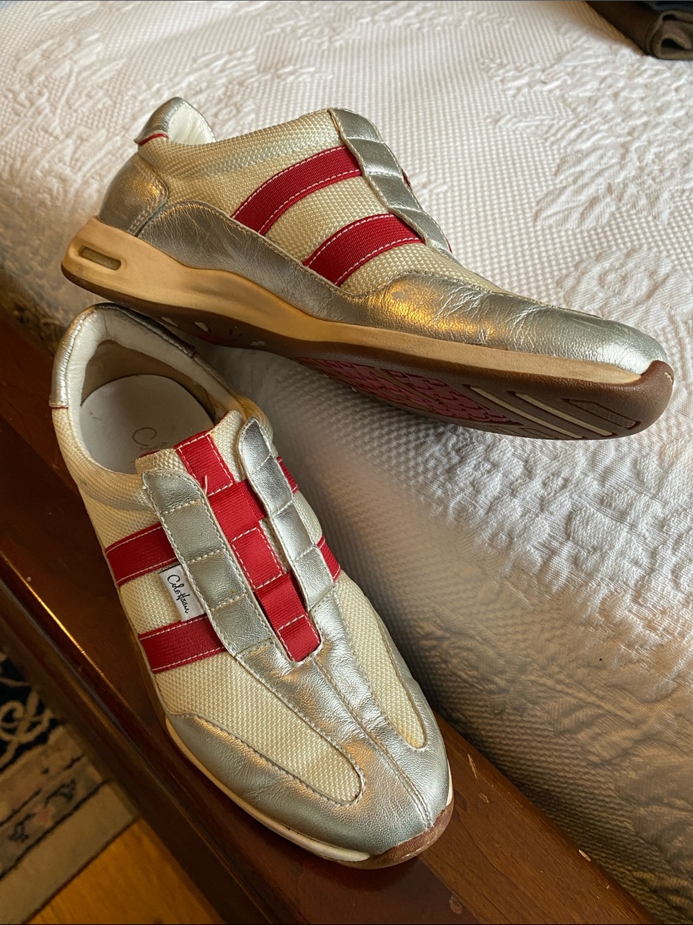 Cole Haan Metallic Silver and Red Slip-On Sneakers